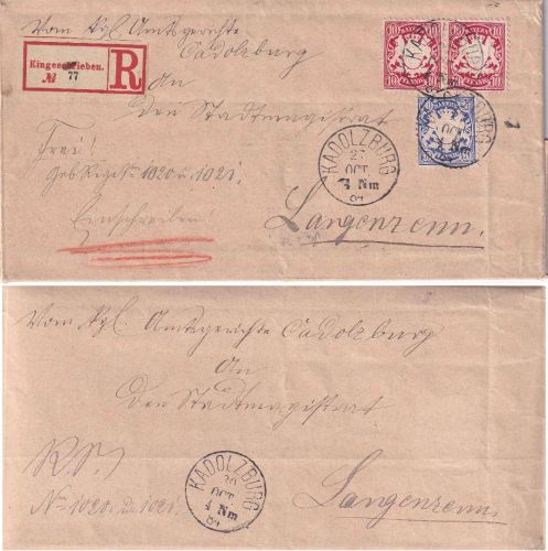 Bayern - 2x10+20 Pfg. Wappen Einschreibebrief/Wendebrief Kadolzburg 27. OCT 1884