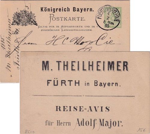 Bayern - 3 Pfg. Rauten Ganzsache Zudruck/Reiseavis Fürth - Lübeck 1885