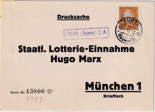 DR - Fürth (Bayern) 2A Stadtpoststelle-Ra1 Drucksachenkarte n. München - R!