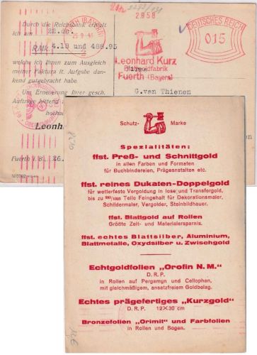 DR - Fürth 1941 15 Pfg. AFS "Kurz Blattgoldfabrik" Karte n. BELGIEN - OKW-Zensur