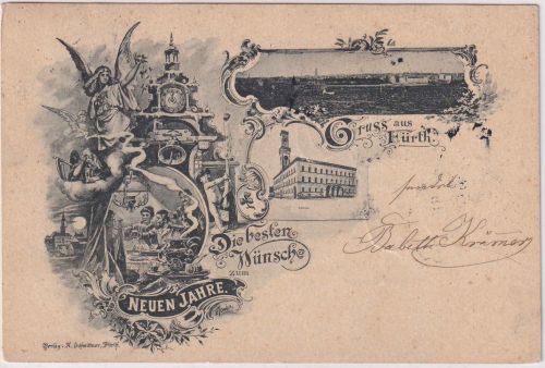 Bayern - Fürth sw-Mehrbild-AK Rathaus/Neujahrsgruß gelaufen 1898