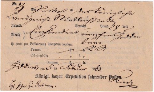 Bayern - Hilders 1863 Fahrpost-Aufgabeschein (Paket n. Mellrichstadt)