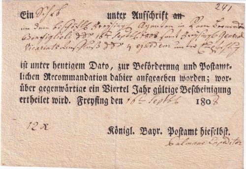 Bayern - Freysing 1808 Aufgabeschein f. Reko-Brief nach ROM (!)
