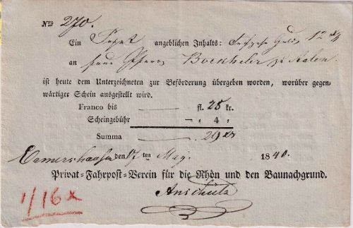 Bayern - Ermershausen/Baunachgrund 1840 Fahrpost-Aufgabeschein f. Paket n. Aalen