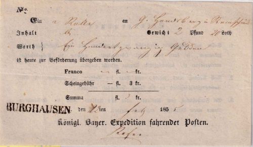 Bayern - Burghausen L1 Fahrpost-Aufgabeschein f. Wertpaket n. Remscheid 1855