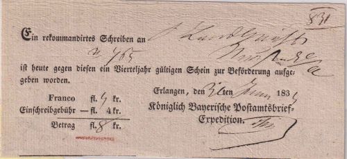 Bayern - Erlangen 1833 Aufgabeschein (Ortsvordruck) f. Chargebrief n. Neustadt/A