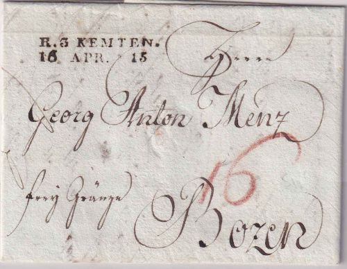Bayern/Österreich - R3 Kempten 16. APR 1815 Grenzfrankobrief n. Bozen