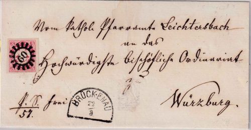 Bayern - 3 Kr. Wappen geschn. Brief gMR 60 Brückenau 22/3 Brief n. Würzburg