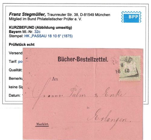 Bayern - 1 Kr Wappen gez. Wz.2 c-Farbe !! Bücher-Bestellzettel HKS Passau 1875