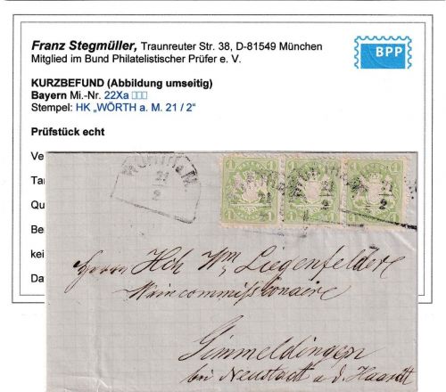 Bayern - 1 Kr Wappen gez. 3er-Streifen Brief HKS Wörth a.M. 21/2 - Gimmeldingen