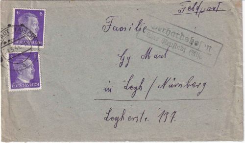 DR - Gerhardshofen ü. Neustadt Landpost-Ra2 Feldpostbrief/Rucksackbrief 3.5.44