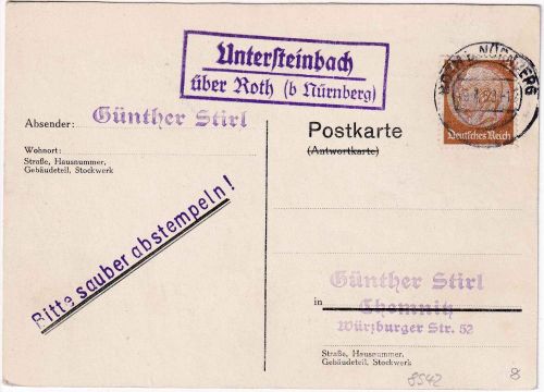DR - Untersteinbach ü. Roth Landpost-Ra2 Drucksachenkarte n. Chemnitz 19.1.38