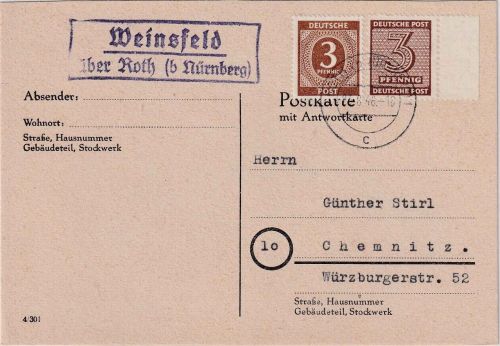 All.Bes./SBZ - Weinsfeld ü. Roth Landpost-Ra2 Drucksachenkarte n. Chemnitz 1946