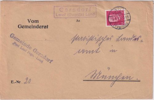DR - Gersdorf Lauf (Pegnitz) Land Landpost-Ra2 Brief n. München 7.4.31