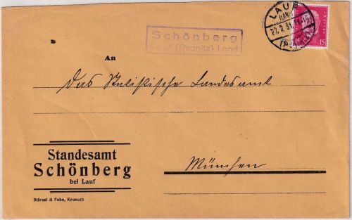DR - Schönberg Lauf (Pegnitz) Land Landpost-Ra2 Brief n. München 27.2.31