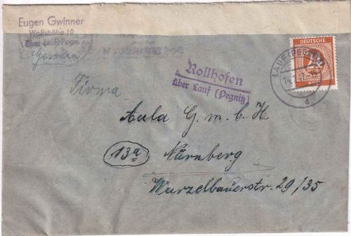 All.Bes. - Rollhofen ü. Lauf (Pegnitz) Landpost-L2 Brief n. Nürnberg 14.7.47