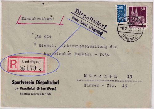 Bizone - Diepoltsdorf ü. Lauf (Pegnitz) Landpost-L2 Einschreibebrief 8.2.50