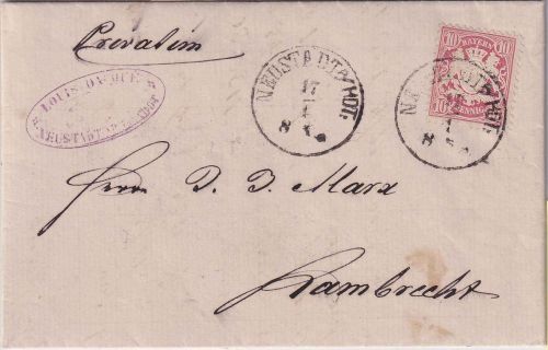 Bayern - 10 Pfg. Wappen Wz.2 Erstauflage ! Brief Neustadt a/Hdt. 17/1 (1876)