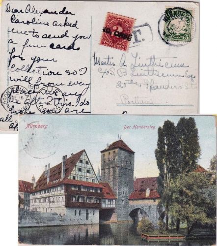 Bayern - 5 Pfg. Wappen Karte n. USA Nürnberg - Portland 1910 2 C. Nachporto