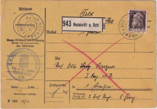 Bayern - 25 Pfg. Luitpold Soldaten-Paketkarte ins Feld Neumarkt a/R 28. NOV 1914