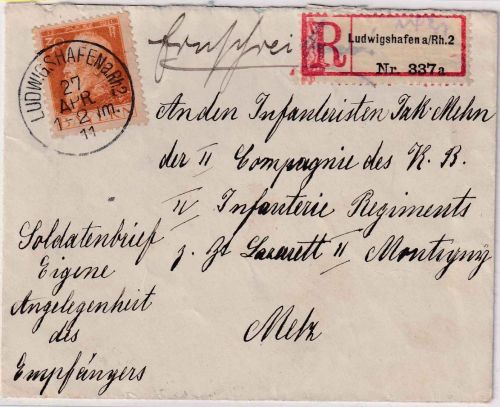 Bayern - 30 Pfg Luitpold Soldatenbrief/Einschreiben Ludwigshafen a/Rh 27. APR 11