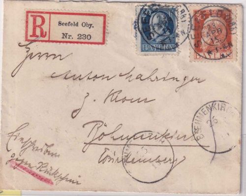 Bayern - 30+20 Pfg Luitpold/Ludwig Einschreibebrief/Rückschein Seefeld 1915