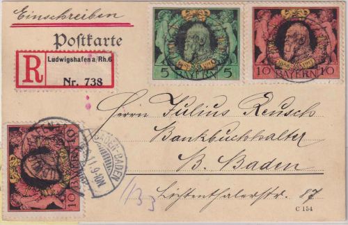 Bayern - 2x10+5 Pfg Luitpold/Jubiläum Einschreibekarte Ludwigshafen a/Rh 1911