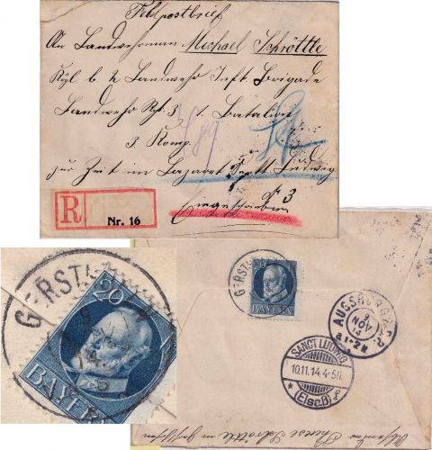 Bayern - 20 Pfg Ludwig Feldpost-Einschreibebrief Reserve-K2 Gersthofen 9. NOV 14