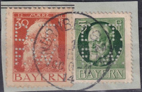 Bayern - 30+5 Pfg Luitpold/Ludwig Perfin "DTFW" Briefstück Nürnberg 1. DEZ 14