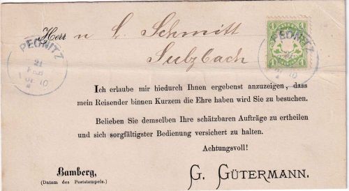 Bayern - 1 Kr. Wappen gez. Karte/Reiseavis K1 Pegnitz 21. FEB - Sulzbach
