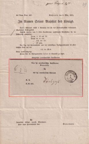 Bayern - Bayreuth Bahnh. 7/3 K1 Dienstbrief/Vordruck+Inhalt n. Trebgast 1871