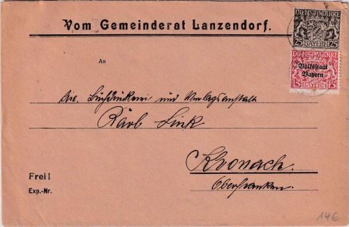 Bayern - 25 Pfg. Staatswappen u.a. Dienstbrief Lanzendorf - Kronach 7. MAI 20