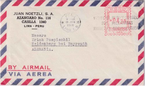 Peru - Lima 1960 4,30 S. Postfreistempel Luftpostbrief n. Weidenberg b. Bayreuth