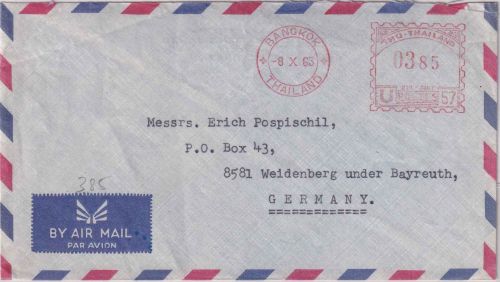 Thailand - Bangkok 1963 3,85 B. Postfreistempel Luftpostbrief n. Weidenberg