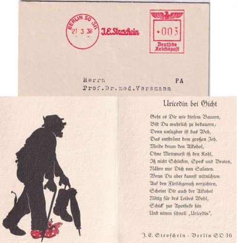 DR - Berlin SO 36 1938 3 Pfg. AFS "Stroschein" Werbedrucksache "Uricedin"