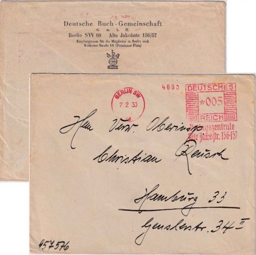 DR - Berlin SW 68 1933 5 Pfg. AFS "Verlagszentrale" Drucksachenbrief n. Hamburg