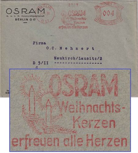 DR - Berlin O 17 1931 4 Pfg. AFS "OSRAM Weihnachtskerzen" Drucksachenbrief