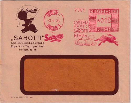 DR - Berlin-Tempelhof 1933 12 Pfg. AFS "Sarotti Ostereier" Drucksachenbrief