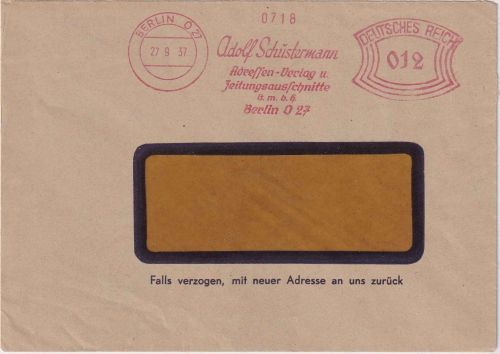 DR - Berlin O27 1937 12 Pfg. AFS "Schustermann Adressen-Verlag" Brief