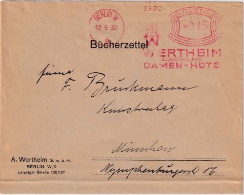 DR - Berlin W9 1930 15 Pfg. AFS "Wertheim Damen-Hüte" Brief n. München