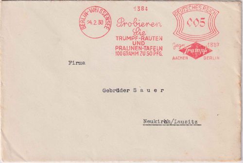 DR - Berlin-Weissensee 1930 5 Pfg. AFS "Trumph Pralinen" Drucksache n. Neukirch