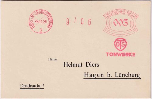 DR - Berlin Charlottenburg 1926 3 Pfg. AFS "DTS Tonwerke" Drucksachenkarte