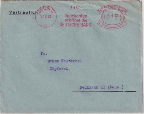 DR - Berlin W8 1929 15 Pfg. AFS "Deutsche Bank" Brief n. Neukirch