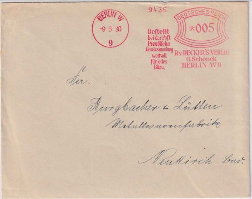 DR - Berlin W9 1930 5 Pfg. AFS "Decker's Verlag" Drucksache n. Neukirch