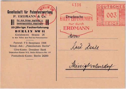 DR - Berlin SW11 1931 3 Pfg. AFS "Erdmann Patentverwertung" Drucksachenkarte
