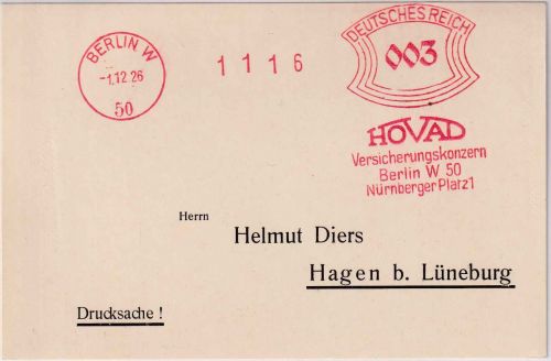 DR - Berlin W50 1926 3 Pfg. AFS "HOVAD Versicherungskonzern" Drucksachenkarte