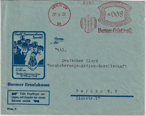 DR - Berlin SW19 1932 8 Pfg. AFS "Barmer Ersatzkasse" illustrierter Ortsbrief