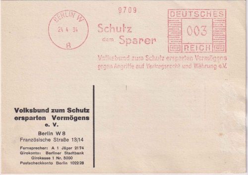 DR - Berlin W8 1934 3 Pfg. AFS "Schutz dem Sparer" Drucksachenkarte