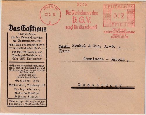 DR - Berlin W8 1933 12 Pfg. AFS "Deutscher Gastwirtsverband Sterbekasse" Brief