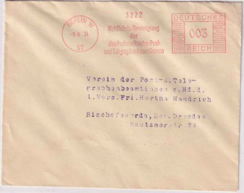 DR - Berlin W57 1934 3 Pfg. AFS "Wohlfahrts-Vereinigung DRP" Drucksache